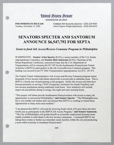 Senators Specter and Santorum announce 6,547,792 for SEPTA