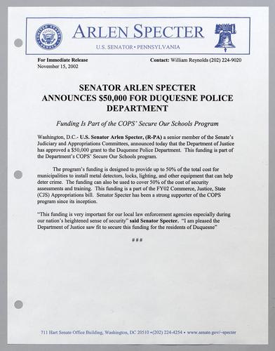 Senator Arlen Specter announces $50,000 for Duquesne Police Department