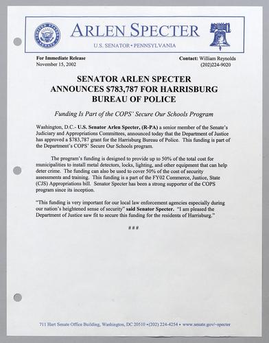 Senator Arlen Specter announces $783,787 for Harrisburg Bureau of Police