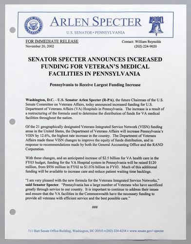 Senator Arlen Specter announces increased funding for veterans' medical facilities in Pennsylvania