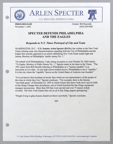 Specter defends Philadelphia and the Eagles