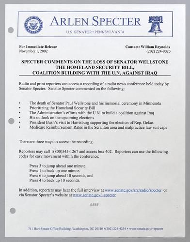 Specter comments on the loss of Senator Wellstone, the homeland security bill, and coalition building with the U.N. against Iraq