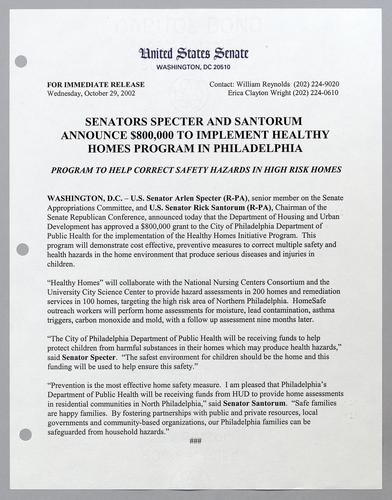 Senators Specter and Santorum announce $800,000 to implement healthy homes program in Philadelphia