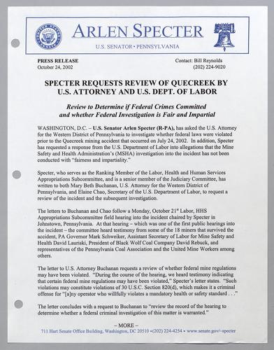 Specter requests review of Quecreek by U.S. Attorney and U.S. Department of Labor