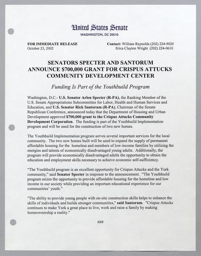 Senators Specter and Santorum announce $700,000 grant for Crispus Attucks Community Development Center