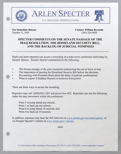 Specter comments on the Senate passage of the Iraq resolution, the homeland security bill, and the backlog of judicial nominees