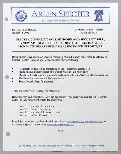 Specter comments on the homeland security bill, a new approach for a U.N. Iraq resolution, and Monday's Senate field hearing in Johnstown, Pennsylvania
