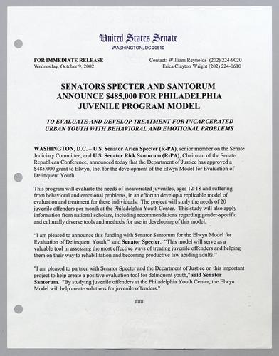 Senators Specter and Santorum announce $485,000 for Philadelphia juvenile program model