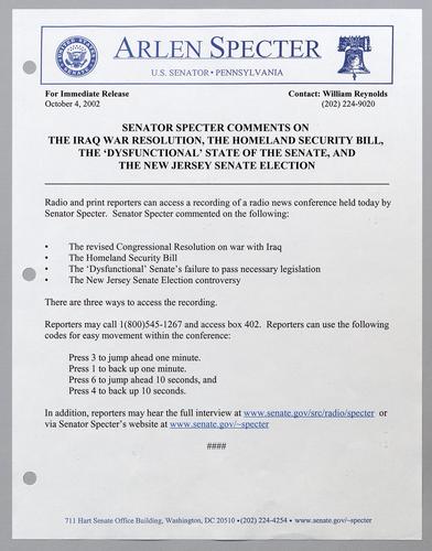 Senator Specter comments on the Iraq War resolution, the homeland security bill, and "dysfunctional" state of the Senate, and the New Jersey Senate election