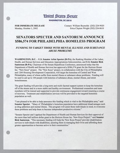 Senators Specter and Santorum announce $586,574 for Philadelphia homeless program