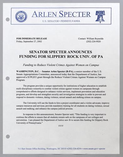 Senator Specter announces funding for Slippery Rock University of Pennsylvania