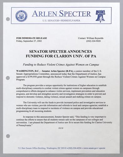 Senator Specter announces funding for Clarion University of Pennsylvania