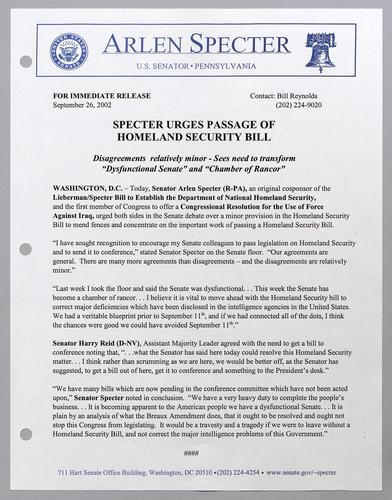 Specter urges passage of homeland security bill