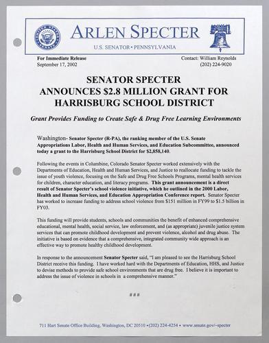 Senator Specter announces $2.8 million grant for Harrisburg school district