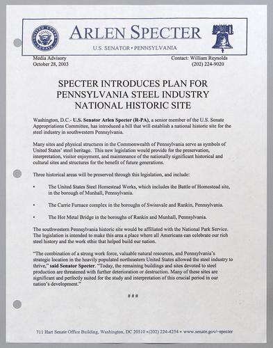 Specter introduces plan for Pennsylvania steel industry national historic site