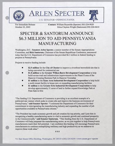 Specter and Santorum announce $6.3 million to aid Pennsylvania manufacturing