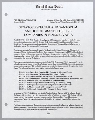 Senators Specter and Santorum announce grants for fire companies in Pennsylvania