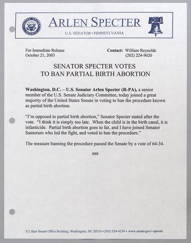 Senator Specter votes to ban partial birth abortion