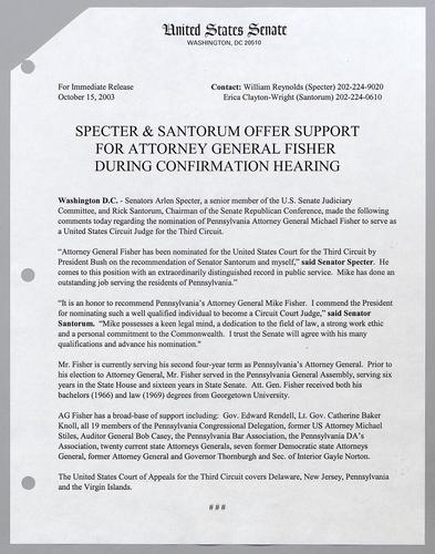 Specter and Santorum offer support for Attorney General Fisher during confirmation hearing