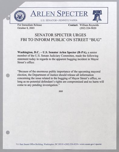 Senator Specter urges FBI to inform public on street "bug,"