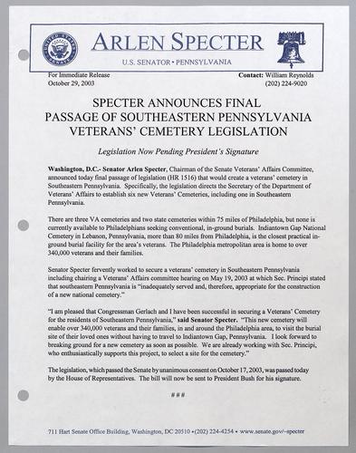 Specter announces final passage of southeastern Pennsylvania veterans' cemetery legislation