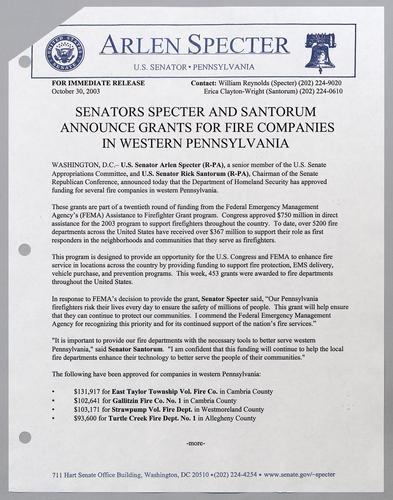 Senators Specter and Santorum announce grants for fire companies in western Pennsylvania