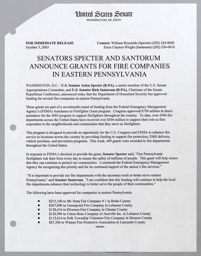 Senators Specter and Santorum announce grants for fire companies in eastern Pennsylvania