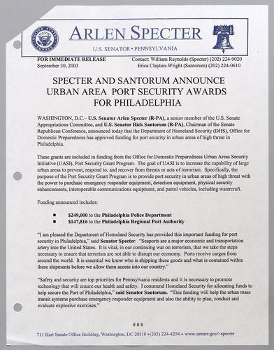 Specter and Santorum announce urban area port security awards for Philadelphia