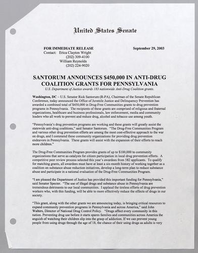 Santorum announces $450,000 in anti-drug coalition grants for Pennsylvania