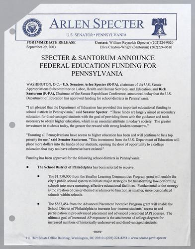 Specter and Santorum announce federal education funding for Pennsylvania