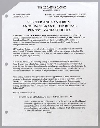 Specter and Santorum announce grants for rural Pennsylvania schools