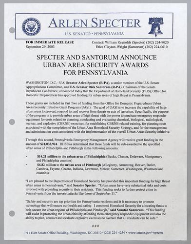 Specter and Santorum announce urban area security awards for Pennsylvania