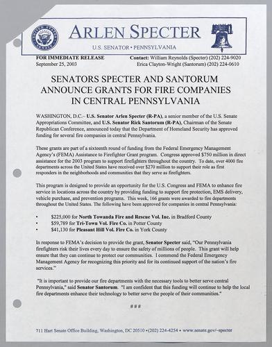 Senators Specter and Santorum announce grants for fire companies in central Pennsylvania