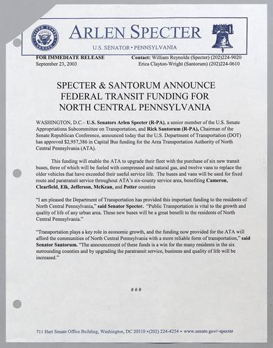 Specter and Santorum announce federal transit funding for north central Pennsylvania