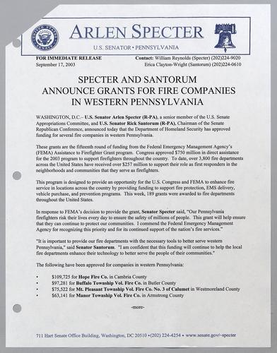Specter and Santorum announce grants for fire companies in western Pennsylvania