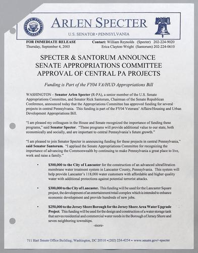 Specter and Santorum announce Senate Appropriations Committee approval of central Pennsylvania projects