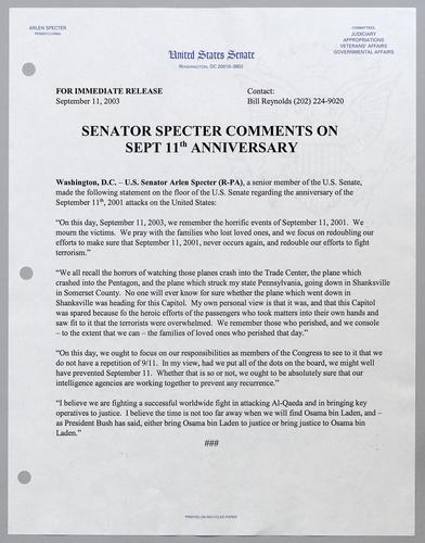 Senator Specter comments on September 11th anniversary