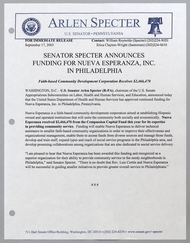 Senator Specter announces funding for Nueva Esperanza, Inc. in Philadelphia