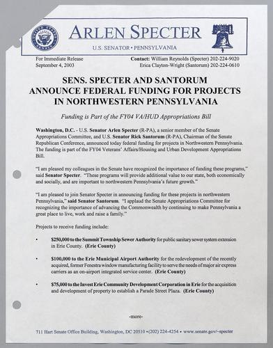 Senators Specter and Santorum announce federal funding for projects in northwestern Pennsylvania