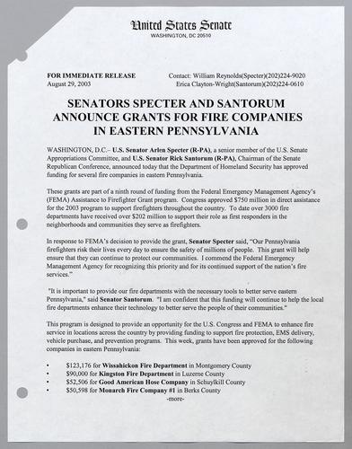 Senators Specter and Santorum announce grants for fire companies in eastern Pennsylvania