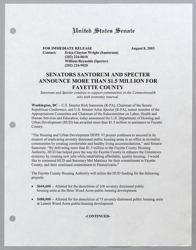 Senators Santorum and Specter announce more than $1.5 million for Fayette County