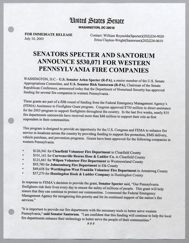 Senators Specter and Santorum announce $530,071 for western Pennsylvania fire companies