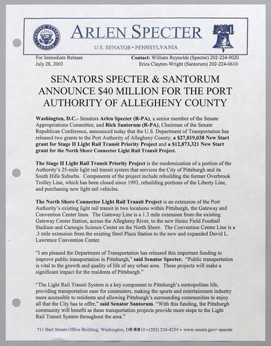Senators Specter and Santorum announce $40 million for the Port Authority of Allegheny County