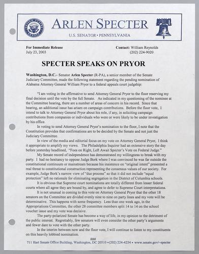 Specter speaks on Pryor