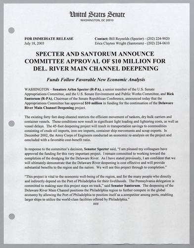 Specter and Santorum announce committee approval of $10 million for Delaware River main channel deepening
