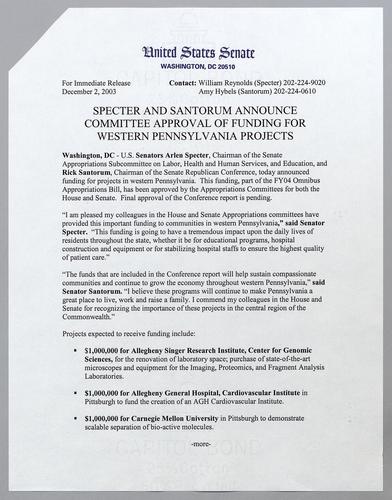 Specter and Santorum announce committee approval of funding for western Pennsylvania projects