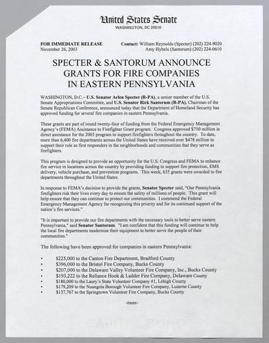 Specter and Santorum announce grants for fire companies in eastern Pennsylvania