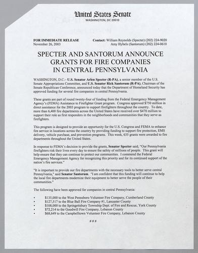 Specter and Santorum announce grants for fire companies in central Pennsylvania