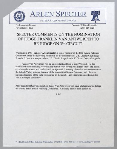 Specter comments on the nomination of Judge Franklin Van Antwerpen to be judge on third circuit