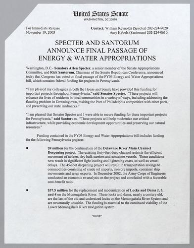 Specter and Santorum announce final passage of energy and water appropriations